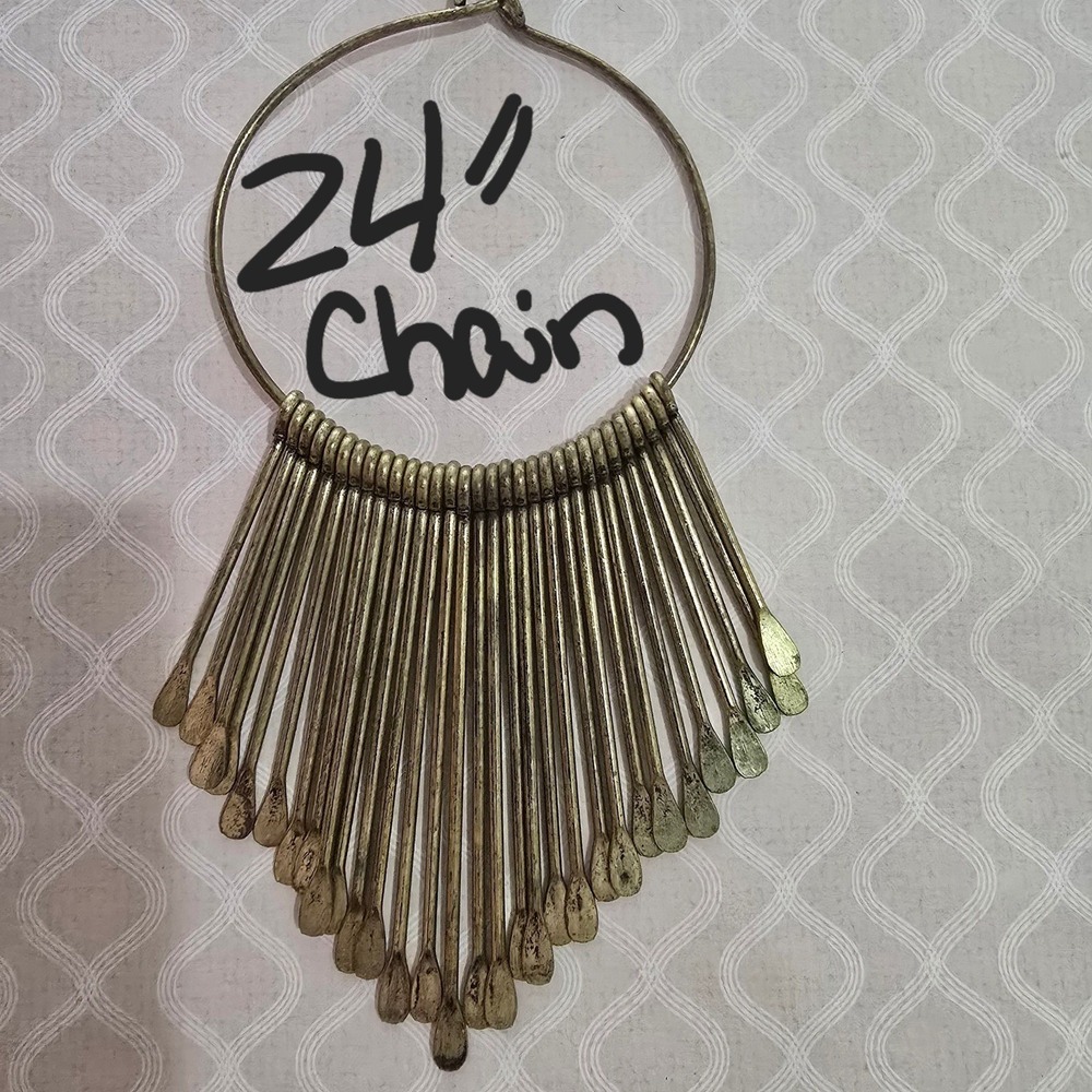 Very Large brass necklace with 24" brass like chain, art deco, Very heavy